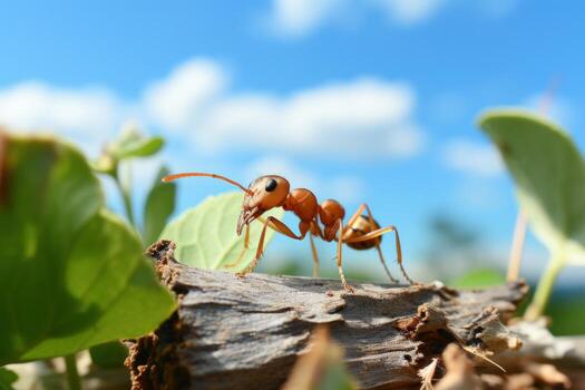 Close up Shot of Ant Finding Food on Leaf Cloudy Blue Sky Background. Generative Ai photo