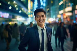 Portrait of Happy Businessman Walking on Street at Night, Handsome Asian Manager in Modern City Surrounded By Blurred People photo