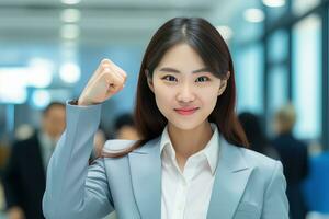 asiático mujer de negocios demostración un luchando pose, hermosa gerente gestos levantamiento puños en moderno oficina, hembra empresario peleas un problema, celebrar éxito y lograr metas foto