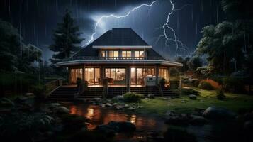 House on Heavy Lightning Thunder Strom Background, Home Insurance Concept. Generative Ai photo