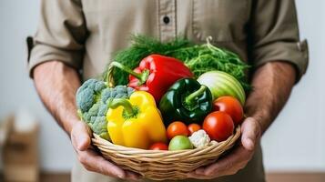 Man Holding Basket of Vegetables, Farmer Presenting Organic Vegetables, Healthy Food. Generative Ai photo