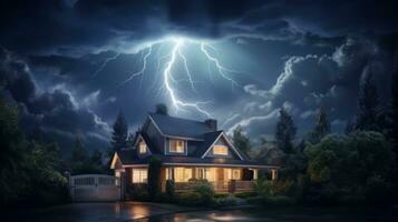 House on Heavy Lightning Thunder Strom Background, Home Insurance Concept. Generative Ai photo