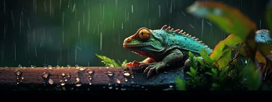 Epic Photography Shot of Chameleon on Rainy Day. Lively Rainy Season Concept. Generative Ai photo