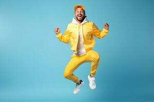 retrato de alegre hombre usa deporte moda, contento deportivo masculino sonriente en estudio fondo, ganador gesto celebrando. foto