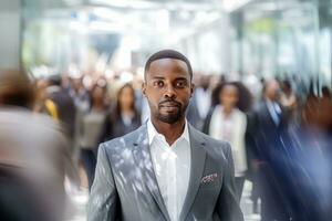 Black Businessman Walking in Modern City, Handsome Man Walks on a Crowded Pedestrian Street, African Manager Surrounded by Blur People on Busy Street. photo