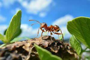 Close up Shot of Ant Finding Food on Leaf Cloudy Blue Sky Background. Generative Ai photo
