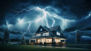 House on Heavy Lightning Thunder Strom Background, Home Insurance Concept. Generative Ai photo