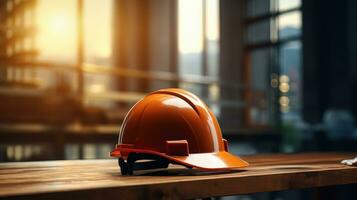 Safety Construction helmet on Table, Hard Cap, Construction Site Blur Background. photo