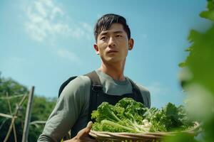 Asian Male Farmer with Basket of Fresh Vegetables, Presenting Organic Vegetables, Healthy Food photo