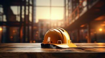 Safety Construction helmet on Table, Hard Cap, Construction Site Blur Background. photo