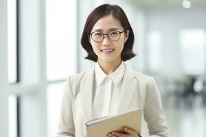 Portrait of Happy Asian Teacher with a Book in School, Young Female Tutor Smiling and Looking at the Camera photo