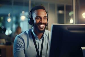 Portrait of a Handsome African Man, Customer Service Operator, Call Center Worker Talking Through Headset with Customer in Modern Office. photo