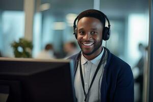 Portrait of a Handsome African Man, Customer Service Operator, Call Center Worker Talking Through Headset with Customer in Modern Office. photo