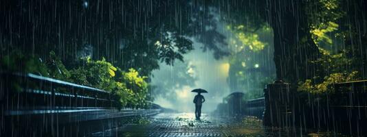 Human Daily Life on Rainy Day. Enjoying Rainfall and Happy Life, Lively Rainy Season Concept. Generative Ai photo