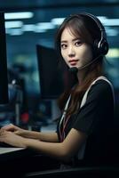 Portrait of a Beautiful Asian Customer Service Operator, Call Center Worker Talking Through Headset with Customer in Modern Office. photo