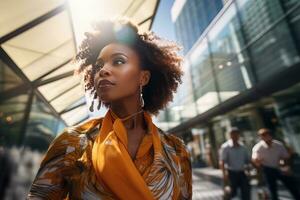 African Businesswoman Walking in Modern City, Beautiful Woman Walks on a Crowded Pedestrian Street, Business Manager Surrounded by Blur People on Busy Street. photo