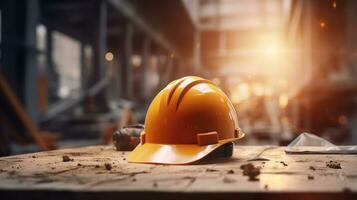 Safety Construction helmet on Table, Hard Cap, Construction Site Blur Background. photo