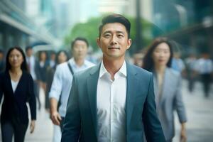 Asian Businessman Walking in Modern City, Handsome Man Walks on a Crowded Pedestrian Street, Asian Manager Surrounded by Blur People on Busy Street. photo