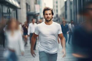 European Man Walking in Modern City, Handsome Europe Guy Walks on a Crowded Pedestrian Street. photo