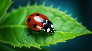 Macro Photo of Ladybug on Green Leaf Background. Generative Ai