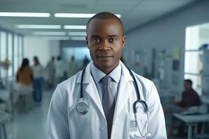 retrato de un africano médico con estetoscopio en el hospital, experimentado mayor médico médico sonriente y mirando a cámara. foto