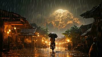 Human Daily Life on Rainy Day. Enjoying Rainfall and Happy Life, Lively Rainy Season Concept. Generative Ai photo
