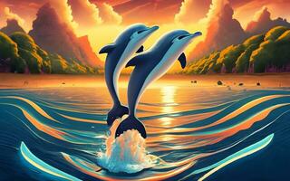 Dancing Waves, Joyous Symphony of Playful Dolphins Leaping into the Azure Abyss. AI Generated photo