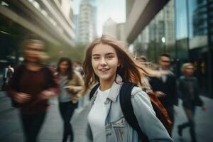 hermosa estudiante caminando a escuela, adolescente niña camina en un concurrido peatonal calle, hembra estudiante mirando a cámara y sonriente. foto