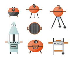 Vector portable grill equipment set. Stand grill bbq flat style set.