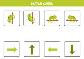 Left, right, up or down. Spatial orientation with cute green chameleon. vector