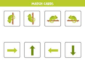 izquierda, bien, arriba o abajo. espacial orientación con linda verde camaleón. vector