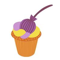 Vector spooky Halloween cupcake with witch broom