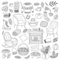 Cozy autumn interior elements doodle set. Hand drawn vector autumn interior symbols sketch set