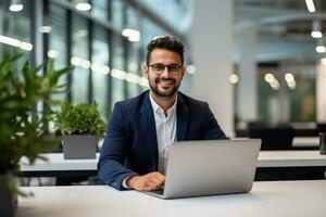 Handsome Latin Businessman Working with Computer, Male Manager Works in Modern Office, Analysis Data Statistics and Business Planning. photo