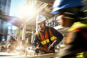 construcción trabajador vistiendo la seguridad uniforme, Ingenieria trabajos en edificio construcción sitio, civil ingeniero observa y comprobación el proyecto foto