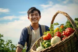 asiático masculino granjero con cesta de Fresco verduras, presentación orgánico verduras, sano comida foto