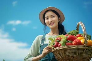 Asian Female Farmer with Basket of Fresh Vegetables, Presenting Organic Vegetables, Healthy Food photo