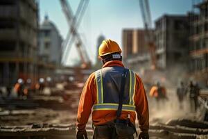 construcción trabajador vistiendo la seguridad uniforme, Ingenieria trabajos en edificio construcción sitio, civil ingeniero observa y comprobación el proyecto foto