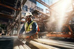 construcción trabajador vistiendo la seguridad uniforme, Ingenieria trabajos en edificio construcción sitio, civil ingeniero observa y comprobación el proyecto foto