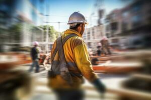 construcción trabajador vistiendo la seguridad uniforme, Ingenieria trabajos en edificio construcción sitio, civil ingeniero observa y comprobación el proyecto foto