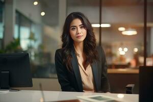 Portrait of a Beautiful Businesswoman in Modern Office, Asian Manager Looking at Camera and Smiling, Confident Female CEO Planning and Managing Company. photo