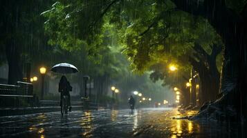 humano diario vida en lluvioso día. disfrutando lluvia y contento vida, animado lluvioso temporada concepto. generativo ai foto