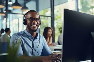 Portrait of a Handsome African Man, Customer Service Operator, Call Center Worker Talking Through Headset with Customer in Modern Office. photo