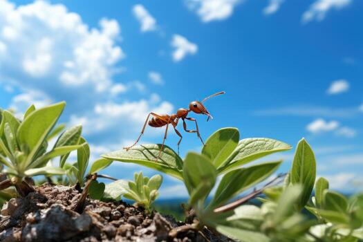 Close up Shot of Ant Finding Food on Leaf Cloudy Blue Sky Background. Generative Ai photo