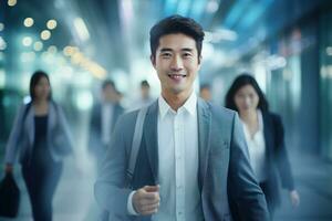 Portrait of Happy Businessman Walking on Street at Night, Handsome Asian Manager in Modern City Surrounded By Blurred People photo