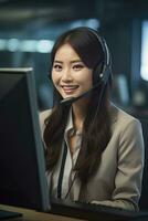 Portrait of a Beautiful Asian Customer Service Operator, Call Center Worker Talking Through Headset with Customer in Modern Office. photo