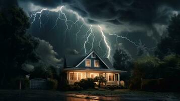 House on Heavy Lightning Thunder Strom Background, Home Insurance Concept. Generative Ai photo