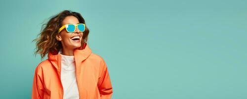 Portrait of Cheerful Woman Banner with Empty Copy Space, Happy Sporty Male Smiling on Studio, Winner Gesture Celebrating. photo