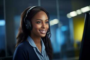 Portrait of a Beautiful African Customer Service Operator, Call Center Worker Talking Through Headset with Customer in Modern Office. photo