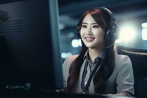 Portrait of a Beautiful Asian Customer Service Operator, Call Center Worker Talking Through Headset with Customer in Modern Office. photo